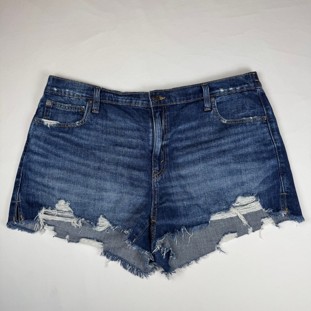 Aerie Women XL Distressed Denim Shorts Dark Wash Elastic Back Frayed Hem Rise